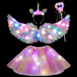 1 x RAW Customer Returns Tacobear Luminous unicorn costume for children with 60 cm colorful feather wings, angel wings, headband, magic wand, LED tutu, tulle skirt, girls for Halloween, carnival, cosplay, birthday, party - RRP €26.63