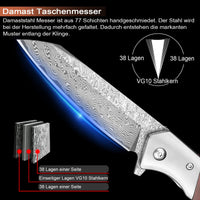 1 x RAW Customer Returns KOMWERO Damast Taschenmesser Klappmesser mit G rtelclip, Scharf Einhandmesser mit Damaststahl Klinge, Holzgriff Messerscheide Leder - EDC Messer Damastmesser f r Sammlung Geschenk - RRP €40.33