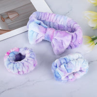 1 x Brand New Face Wash Set 1PCS Tie-Dye Bow Face Wash Headband 2PCS Wristbands, Flannel Women Washing and Makeup Absorbent and Non-slip Hair Bands for Women Girls Purple  - RRP €18.0