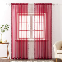 1 x Brand New MIULEE Red Voile Curtain with Plush Ball, Christmas Decoration Bedroom Living Room Curtain Set of 2 2X L140 x H175 cm , Rod Pocket Interior Window Curtains, Short Curtains with Pompoms for Children s Bedroom - RRP €24.49