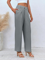 1 x RAW Customer Returns Feziakuk Women s Palazzo Pants Solid Color Wide Leg Pants Casual Fabric Pants Fashion Button Suit Pants Leisure Pants, Gray L - RRP €36.29