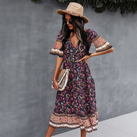 1 x RAW Customer Returns Jiraewh Women s Boho Summer Dresses Floral Short Sleeve Retro Knee-Length Beach Dresses V Neck Elegant Maxi Dress 3039-Navy Blue, M  - RRP €36.29