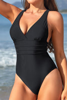 1 x RAW Customer Returns SHEKINI Women s One Piece Swimsuit V Neck Ruched Swimwear Cross Backless Figure Shaping Beachwear Swimsuit M, Black  - RRP €34.95