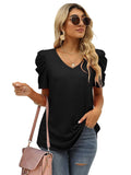 1 x RAW Customer Returns Aokosor T-Shirt Women Puff Sleeve V-Neck Shirt Elegant Blouse Top Casual Basic Tops Summer Tops Black M - RRP €15.12