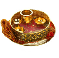 1 x RAW Customer Returns Tarini Gallery Karwa Chauth Handcrafted Thali Set with Kalash Decorated Steel Plate Platter with Essential Pooja Articles for Rituals Festival and Gifting Design-3  - RRP €31.6