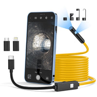 1 x RAW Customer Returns Dual Lens Endoscope Camera with Light, Qimic 1080P HD Endoscope Camera Mobile Phone No WiFi Required IP67 Waterproof 8 1 LEDs, Semi-Rigid Cable for Android and iPhone, iPad, Yellow 16.4FT 5M  - RRP €29.99