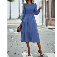 1 x RAW Customer Returns TcIFE Women s Round Neck Long Sleeve Long Dress Smocked Elastic High Waist Maxi Dress Tiered Ruffle A-Line Solid Color Dresses Casual Dresses, Blue, M - RRP €30.76