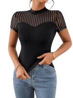 1 x RAW Customer Returns GORGLITTER T-Shirt with Sequins Women s Mesh Top Glitter Top with Rhinestone Mesh Shirt Elegant Tops Black M - RRP €25.2