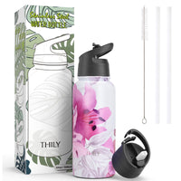 1 x RAW Customer Returns Stainless Steel Sports Water Bottle - THILY Vacuum Insulated 32oz Leak Proof Wide Mouth Water Bottle with 2 Lids and Straws, Keeps Hot 12 Hours Cold 36 Hours, BPA Free, Lotus Flower - RRP €25.1