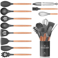 1 x RAW Customer Returns 12 Piece Kitchen Utensil Set, Silicone Kitchen Utensils Set, Non-Stick Heat Resistant Wooden Handle Cooking Cutlery with Utensil Holder, Silicone Spatula Cookware Set, Dishwasher Safe Gray  - RRP €20.16