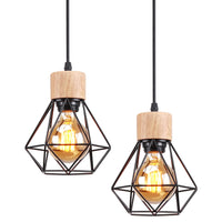 1 x RAW Customer Returns TOKIUS Pendant Light Vintage Industrial 16CM Hanging Lamp Geometric Design E27 Lamp Made of Wood Iron Cage Lampshade Black Hanging Light for Dining Table Kitchen Pendant Lamp 1 Bulb, 2 Pieces  - RRP €26.2