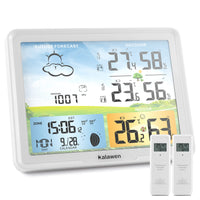 1 x RAW Customer Returns Kalawen Weather Station Radio with 2 Outdoor Sensors Digital Color Display DCF Radio Clock Indoor and Outdoor Weather Station Thermometer Hygrometer Radio Weather Station with Weather Forecast and Moon Phase White  - RRP €52.43