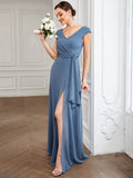 1 x Brand New Ever-Pretty Women s Long Slit V-neck Cap Sleeve A Line Chic Bridesmaid Dress Denim Blue 38 - RRP €56.99