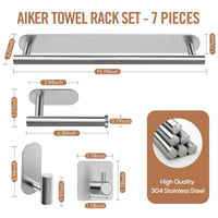 1 x RAW Customer Returns AIKER Bathroom Towel Holder,7PCS High Quality Adhesive Bathroom Toilet Paper Holder Set,Thickened 304 Stainless Steel with 5 Hooks Accessories - RRP €21.23