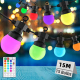 1 x RAW Customer Returns Gaoxun Smart RGB fairy lights outdoor 15m, 15 LED G50 bulbs with remote control, IP44 waterproof, timer function, multi-modes for patio, weddings, parties, connectable 2x 15 LEDs outdoor - RRP €35.44