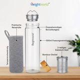 2 x RAW Customer Returns Tea bottle with strainer to go - drinking bottle 500ml made of borosilicate glass - BPA-free lead-free - thermal glass bottle with tea strainer made of stainless steel, bamboo lid cover - gift set - tea infuser  - RRP €39.58