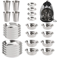 1 x RAW Customer Returns TOPZEA 26 Pieces Stainless Steel Camping Plates and Bowls, Camping Mess Kits Camping Tableware Set Tableware including Plates, Bowls, Cups, Stainless Steel Tableware for Camping, Hiking, Travel, Picnic - RRP €31.26