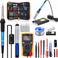 1 x RAW Customer Returns Soldering iron set, SREMTCH 60W electronic soldering iron kit with ON OFF switch, adjustable temperature 200-450 C with 5 soldering tips, digital multimeter, desoldering pump, soldering iron stand, solder, tweezers - RRP €29.99