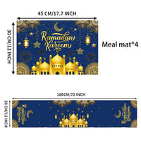 2 x Brand New Eid Mubarak Table Runner, Ramadan Polyester Table Runner and Placemats, Blue Gold Star Moon Mosque Tablecloth, Ramadan Mubarak Table Runner Placemats Decoration for Muslims Islamic Party Favors - RRP €25.96