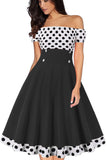 1 x RAW Customer Returns AXOE women s off-shoulder dress 50s cocktail dress with short sleeves knee-length white black polka dots size 38, M - RRP €36.29