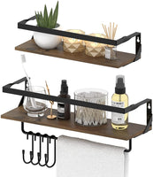 1 x RAW Customer Returns HORLIMER wooden wall shelves set of 2, rustic wall shelves with metal towel holder and 4 metal hooks, floating shelf for kitchen, bathroom, living room, office, laundry room, bedroom - RRP €21.99