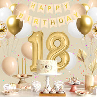 2 x Brand New QIUQI 18th birthday decoration beige, 18 year decoration birthday, decoration 18th birthday girls boys, white gold apricot balloon and HAPPY BIRTHDAY banner for 18th party - RRP €38.4