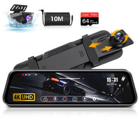 1 x RAW Customer Returns 4K Mirror Dashcam with Rear View Camera with 64G SD Card Car Camera with 10 IPS Touch Screen Dashcam Car Front Rear 170 Wide Angle 10M Cable WDR Loop Recording G-Sensor - RRP €89.36