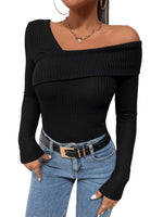 1 x RAW Customer Returns GORGLITTER Women s Lightweight Rib Knit Bodysuit T-Shirt Bodies Long Sleeve Slim Top with Asymmetrical Collar Black L - RRP €28.22