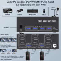 1 x RAW Customer Returns KVM Switch 2 PCs 3 Monitors 8K 60Hz 4K 144Hz, HDMI 2 Displayport Triple Monitor KVM Switch for 2 Shared PCs 3 Monitors and 4 USB 3.0 Ports, Wired Remote Control and 5 Cables Included - RRP €112.9