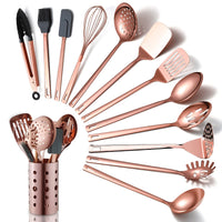 1 x RAW Customer Returns Copper Kitchen Utensil Set, 13 Piece Stainless Steel Cooking Utensil Set with Titanium Rose Gold Plating, Kitchen Tool Set with Utensil Holder - RRP €44.98