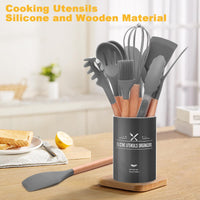 1 x RAW Customer Returns 12 Piece Kitchen Utensil Set, Silicone Kitchen Utensils Set, Non-Stick Heat Resistant Wooden Handle Cooking Cutlery with Utensil Holder, Silicone Spatula Cookware Set, Dishwasher Safe Gray  - RRP €20.16