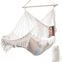 1 x RAW Customer Returns Chihee Hanging Chair Large Hammock Chair Soft Spun Cotton Rope Weaving Chair,Strong Metal Spreader Bar Wide Seat Lace Swing Chair Indoor Outdoor Garden Yard Theme Decoration - RRP €32.99