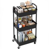 1 x RAW Customer Returns Sywhitta 3 Compartment Plastic Cart Multifunctional Office Living Room Kitchen Storage Cart with Wheels Black - RRP €31.69