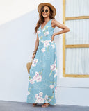 3 x RAW Customer Returns AUSELILY Maxi Dress Women Summer Sleeveless Dress Long Elegant Deep V-Neck Evening Dress with Pockets Floral Light Blue S - RRP €93.75