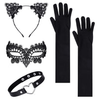 2 x RAW Customer Returns Apricitie Pack of 4 women s cat costume, Venetian mask, women s lace cat ears, headband, necklaces, black gloves for masquerade party and cosplay for carnival masquerade cosplay - RRP €12.08