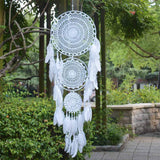 1 x RAW Customer Returns EasyBravo Extra Large Boho Style Dream Catcher with 3 Circles White Feather Macrame Wall Hanging for Vintage Wedding or Home Decoration 35cm Circle 110cm Long - RRP €19.99