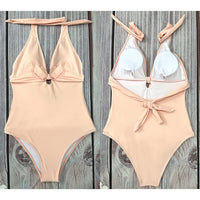 1 x Brand New JFAN Swimsuit Women with V-neck and Bow Monokinis Swimsuit Vintage Swimsuit Women Tummy Control Beige L - RRP €49.99