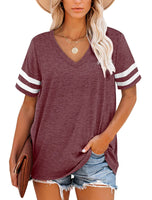 1 x RAW Customer Returns MOLERANI T-Shirts for Women Short Sleeve V-Neck Striped Summer Tops Casual Loose T-Shirt Wine Red XXL - RRP €23.17