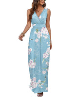 3 x RAW Customer Returns AUSELILY Maxi Dress Women Summer Sleeveless Dress Long Elegant Deep V-Neck Evening Dress with Pockets Floral Light Blue S - RRP €93.75