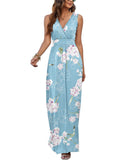 3 x RAW Customer Returns AUSELILY Maxi Dress Women Summer Sleeveless Dress Long Elegant Deep V-Neck Evening Dress with Pockets Floral Light Blue S - RRP €93.75