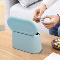 1 x RAW Customer Returns JEEZAO Mini Desktop Trash Bin, Rubbish Bin with Spring Push Lid for Kitchen Bedroom Bathroom, Pet Food Container Light Blue  - RRP €12.99