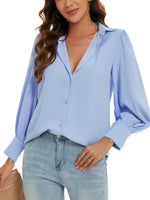 1 x Brand New MINTLIMIT Chiffon Blouse Women Summer Shirt Long Sleeve Casual Button Down with Buttons Shirt Blue L  - RRP €26.21