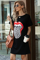 1 x RAW Customer Returns Uusollecy Women s Summer Dress T-Shirt Dresses Women s Round Neck Short Sleeve Mini Dress Lip Leopard Printed Casual Loose Casual Dress Blouse Dresses for Women Teen Girls Black S - RRP €29.23