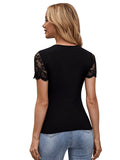 1 x RAW Customer Returns GORGLITTER Elegant T Shirt Women Short Sleeve Summer Lace Shirt Solid Color Classic Tops Office Casual Top Round Neck Black M - RRP €25.99