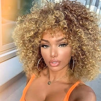 1 x RAW Customer Returns PORSMEER Curly Afro Wig Brown Blonde Natural Synthetic Hair with Bangs for Women Shoulder Length Curly Kinky Bob Wig Volume for Black Women, 14 inches - RRP €23.18