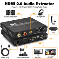 1 x RAW Customer Returns HDMI 2.0 Audio Extractor - Tendak HDMI Audio Splitter 4K HDMI to Optical Spdif Toslink 3.5mm AUX Stereo RCA L R Audio Converter with Volume Control Support 4K 60Hz HDCP 2.2 HDR 3D YUV 4 4 4 - RRP €34.98