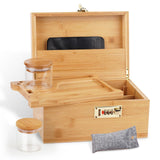 1 x RAW Customer Returns OZCHIN Bamboo Box with Combination Lock, Large Rolling Bamboo Box with Glass Container, Tray 25 18 13 cm  - RRP €45.99