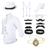 1 x RAW Customer Returns Blulu 1920s Men s Accessories Gatsby Gangster Clothing Costume Cosplay Outfit with Vest Fedora Hat Pocket Watch Suspenders Bow Tie for Man Halloween Cosplay XL, White  - RRP €31.25