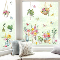 1 x RAW Customer Returns decalmile Window Stickers Flowers Spring Potted Plant Window Decals Hanging Plants Leaves Anti-Collision Window Film Glass Window Decoration Stickers - RRP €15.69