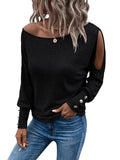 1 x RAW Customer Returns GORGLITTER Cut Outs Top Women s Elegant T-Shirt Long Sleeve Spring Shirts Casual Shirt with Asymmetrical Neckline Black L - RRP €29.23